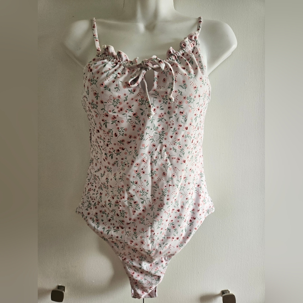 NWT Pink and Green Small Floral Desing One Piece Swimsuit with Ruffles Size M